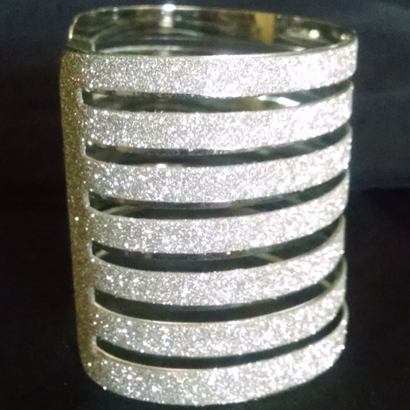 Rhodium Bling Sparkle Glitter Wide Cuff Bracelet